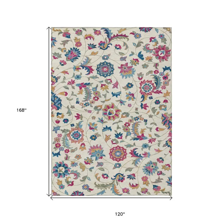 10' X 14' Linen Pink And Denim Blue Floral Washable Indoor Outdoor Area Rug