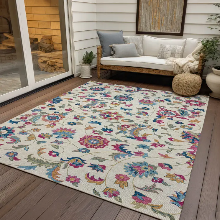 10' X 14' Linen Pink And Denim Blue Floral Washable Indoor Outdoor Area Rug