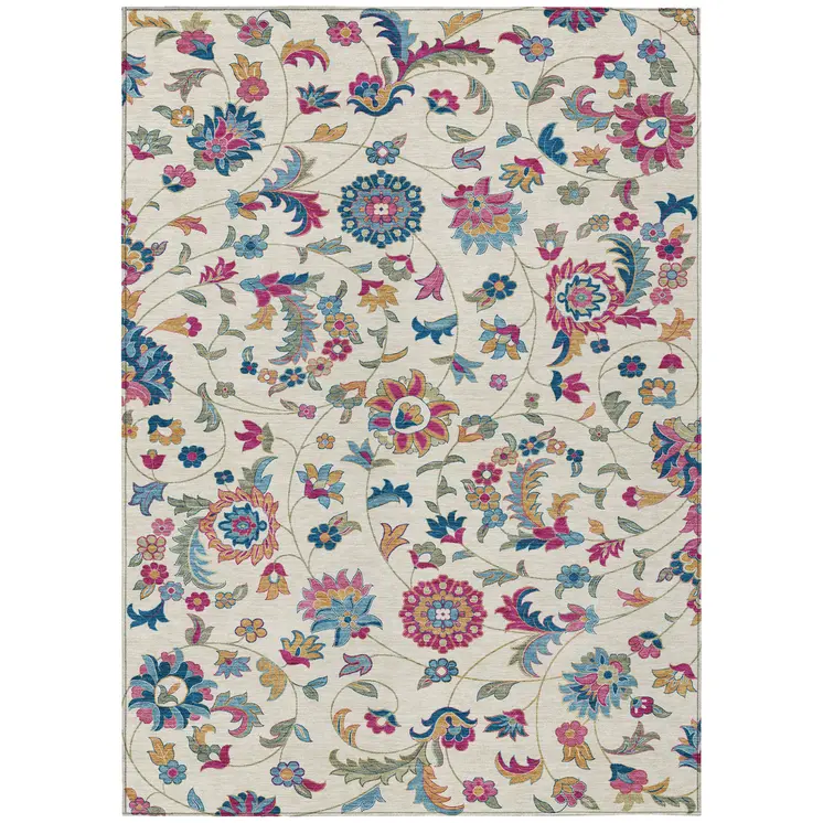 10' X 14' Linen Pink And Denim Blue Floral Washable Indoor Outdoor Area Rug