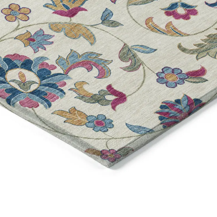 10' X 14' Linen Pink And Denim Blue Floral Washable Indoor Outdoor Area Rug