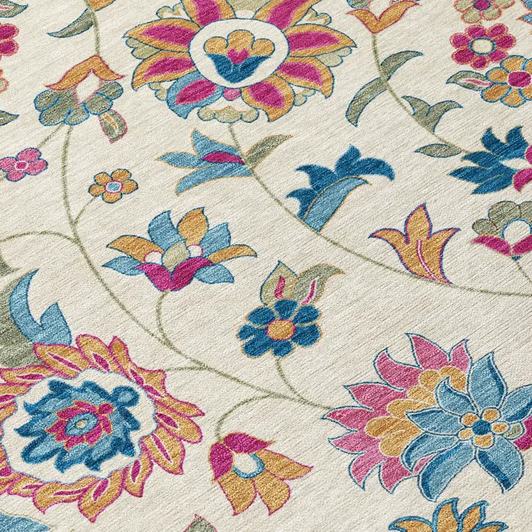 10' X 14' Linen Pink And Denim Blue Floral Washable Indoor Outdoor Area Rug