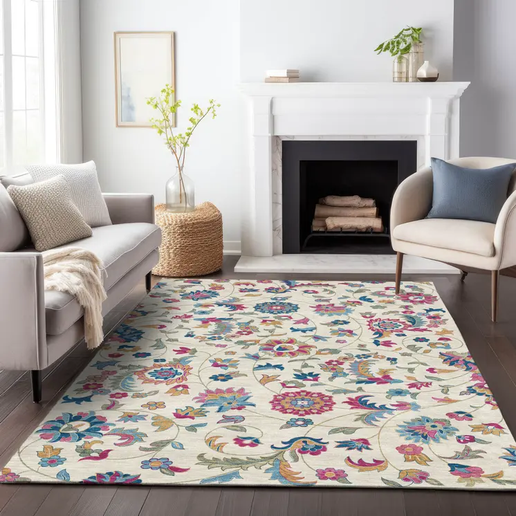 10' X 14' Linen Pink And Denim Blue Floral Washable Indoor Outdoor Area Rug
