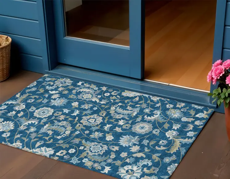 3' X 5' Navy Blue Ivory And Gray Floral Washable Indoor Outdoor Area Rug