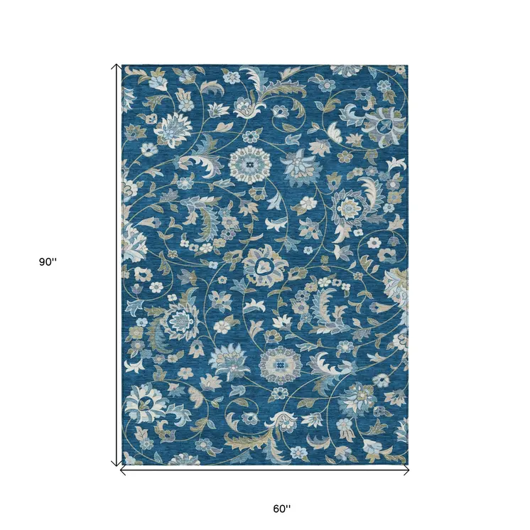 5' X 8' Navy Blue Ivory And Gray Floral Washable Indoor Outdoor Area Rug
