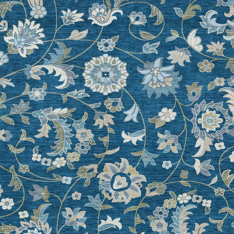 5' X 8' Navy Blue Ivory And Gray Floral Washable Indoor Outdoor Area Rug
