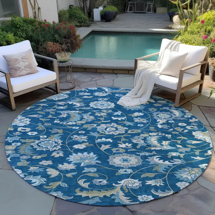 8' Navy Blue Ivory And Gray Round Floral Washable Indoor Outdoor Area Rug
