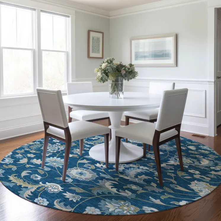 8' Navy Blue Ivory And Gray Round Floral Washable Indoor Outdoor Area Rug