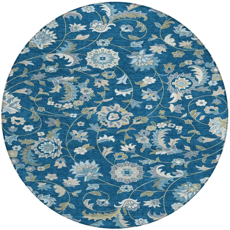 8' Navy Blue Ivory And Gray Round Floral Washable Indoor Outdoor Area Rug