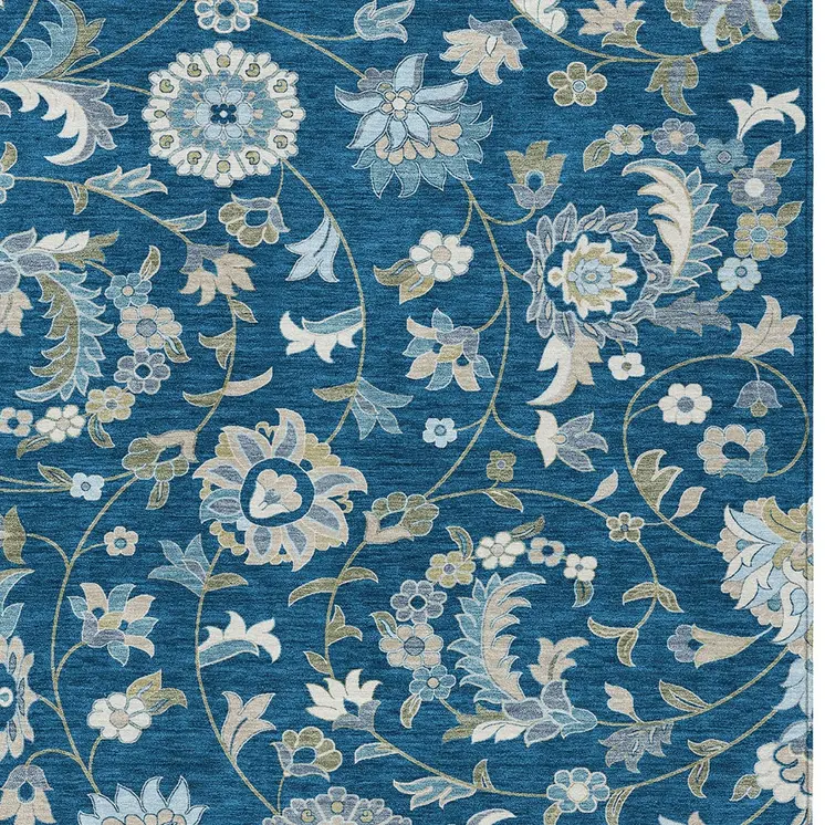 8' X 10' Navy Blue Ivory And Gray Floral Washable Indoor Outdoor Area Rug