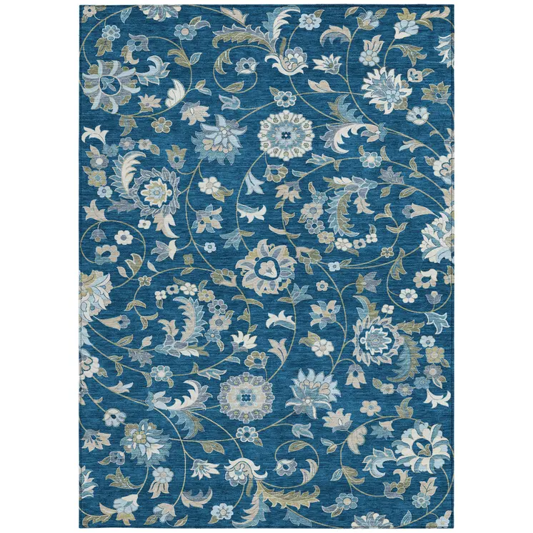 9' X 12' Navy Blue Ivory And Gray Floral Washable Indoor Outdoor Area Rug