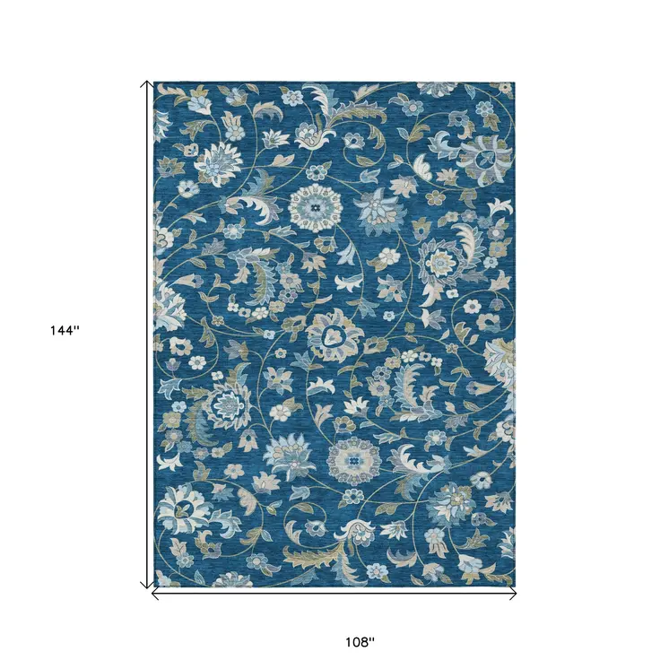 9' X 12' Navy Blue Ivory And Gray Floral Washable Indoor Outdoor Area Rug
