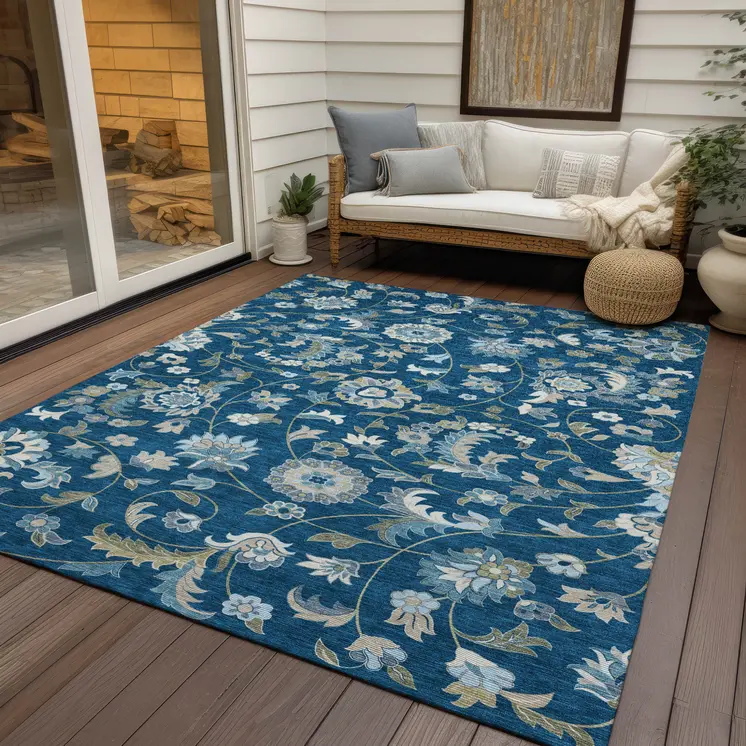 9' X 12' Navy Blue Ivory And Gray Floral Washable Indoor Outdoor Area Rug