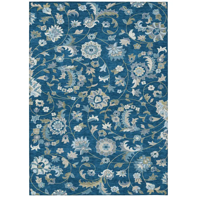 9' X 12' Navy Blue Ivory And Gray Floral Washable Indoor Outdoor Area Rug