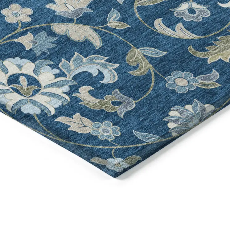 9' X 12' Navy Blue Ivory And Gray Floral Washable Indoor Outdoor Area Rug
