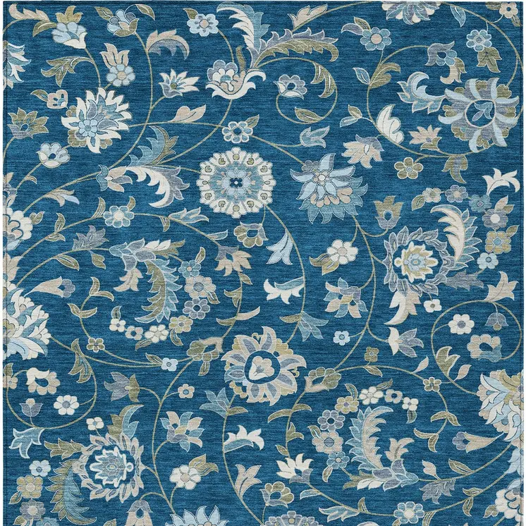 9' X 12' Navy Blue Ivory And Gray Floral Washable Indoor Outdoor Area Rug