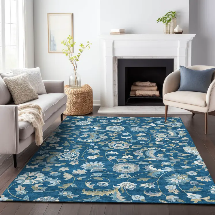 9' X 12' Navy Blue Ivory And Gray Floral Washable Indoor Outdoor Area Rug