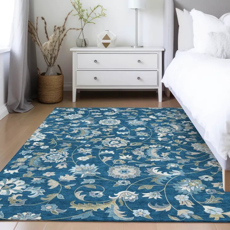9' X 12' Navy Blue Ivory And Gray Floral Washable Indoor Outdoor Area Rug
