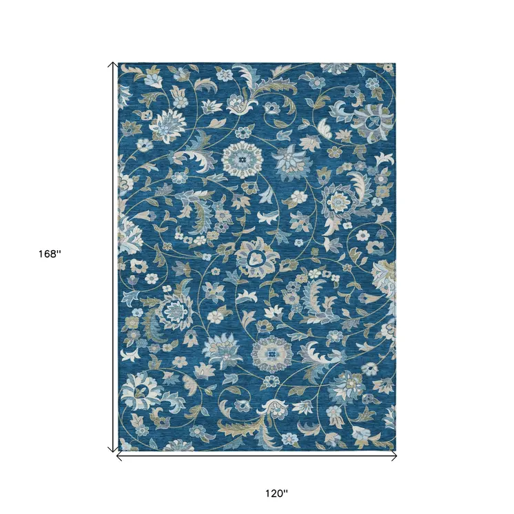 10' X 14' Navy Blue Ivory And Gray Floral Washable Indoor Outdoor Area Rug
