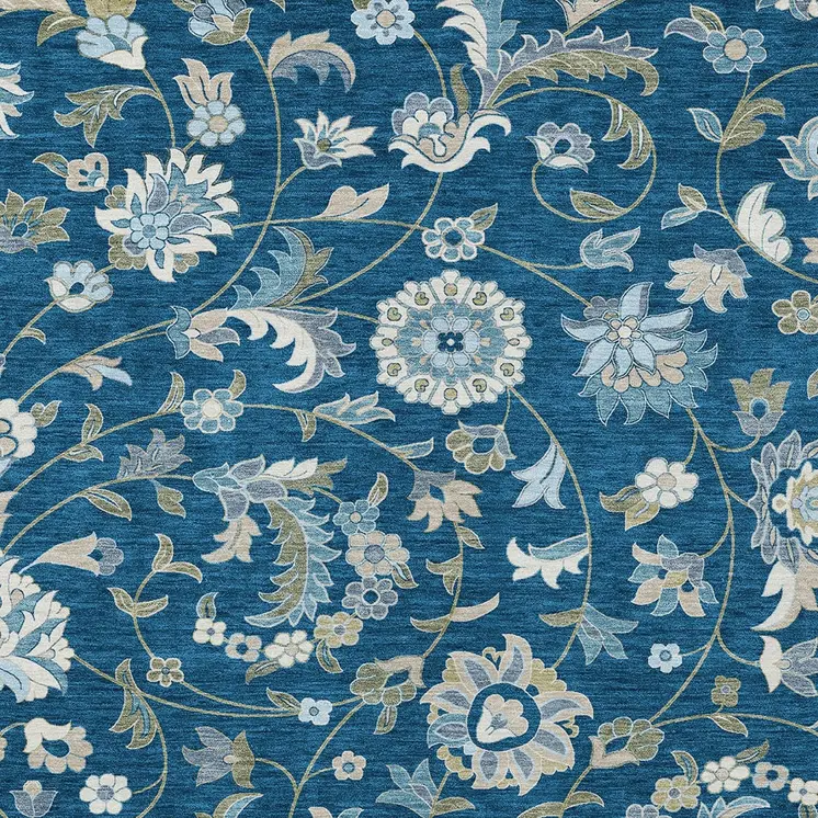 10' X 14' Navy Blue Ivory And Gray Floral Washable Indoor Outdoor Area Rug