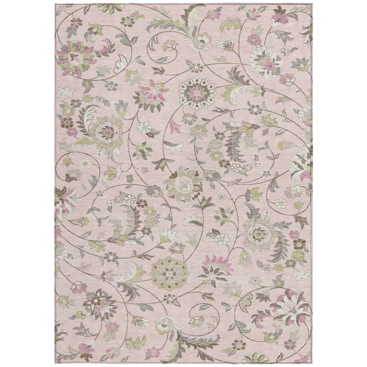 3' X 5' Pink Green And Gray Floral Washable Indoor Outdoor Area Rug