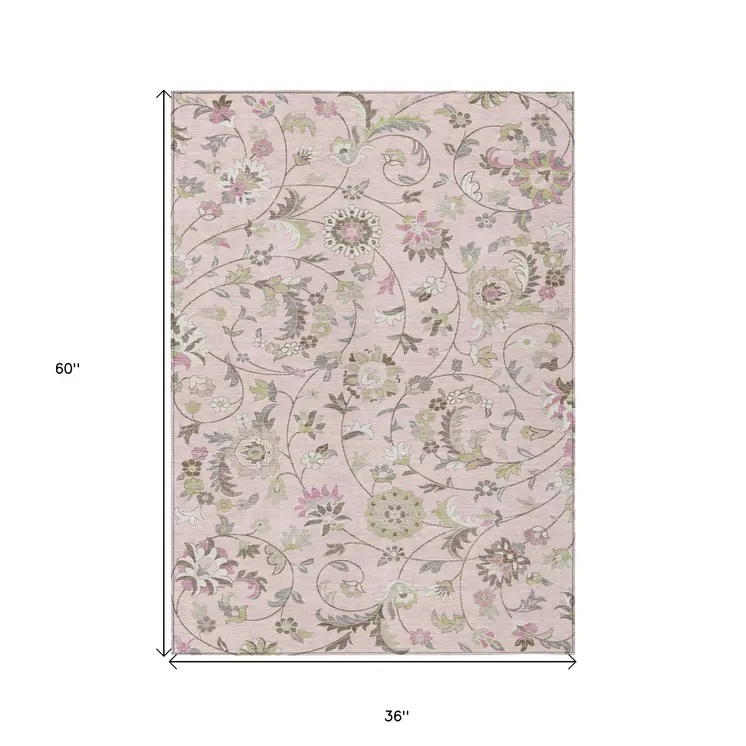 3' X 5' Pink Green And Gray Floral Washable Indoor Outdoor Area Rug