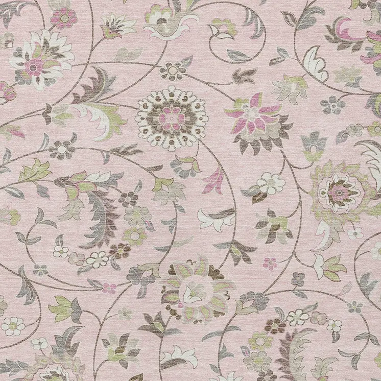 3' X 5' Pink Green And Gray Floral Washable Indoor Outdoor Area Rug