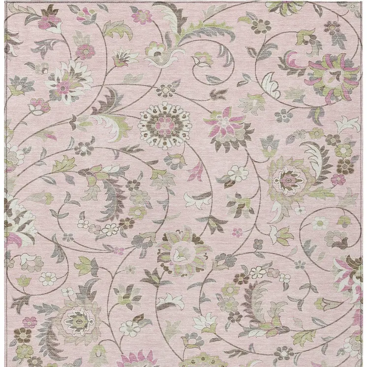 9' X 12' Pink Green And Gray Floral Washable Indoor Outdoor Area Rug