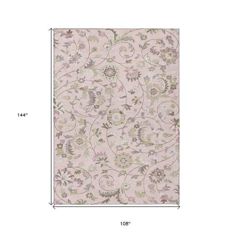 9' X 12' Pink Green And Gray Floral Washable Indoor Outdoor Area Rug