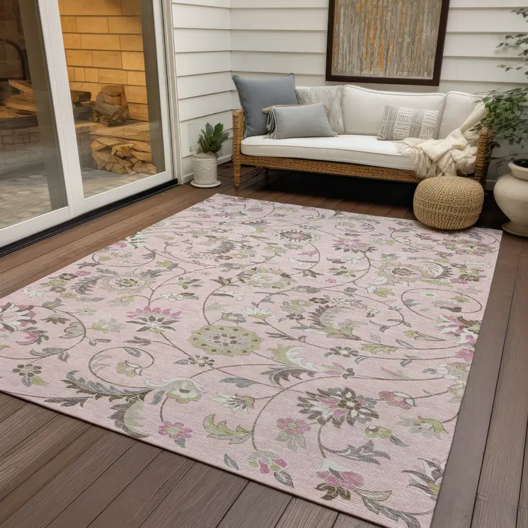 9' X 12' Pink Green And Gray Floral Washable Indoor Outdoor Area Rug