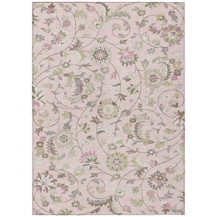 9' X 12' Pink Green And Gray Floral Washable Indoor Outdoor Area Rug