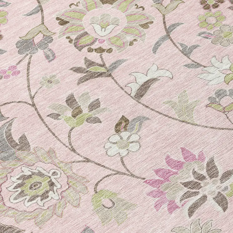 9' X 12' Pink Green And Gray Floral Washable Indoor Outdoor Area Rug