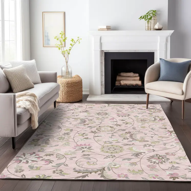 9' X 12' Pink Green And Gray Floral Washable Indoor Outdoor Area Rug