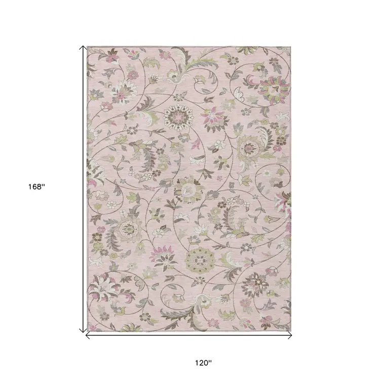 10' X 14' Pink Green And Gray Floral Washable Indoor Outdoor Area Rug
