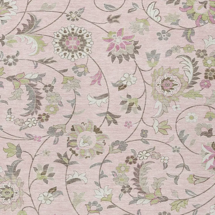 10' X 14' Pink Green And Gray Floral Washable Indoor Outdoor Area Rug