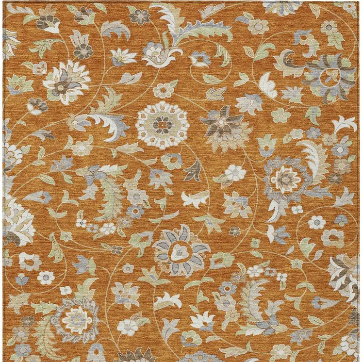 3' X 5' Copper Green And Gray Floral Washable Indoor Outdoor Area Rug