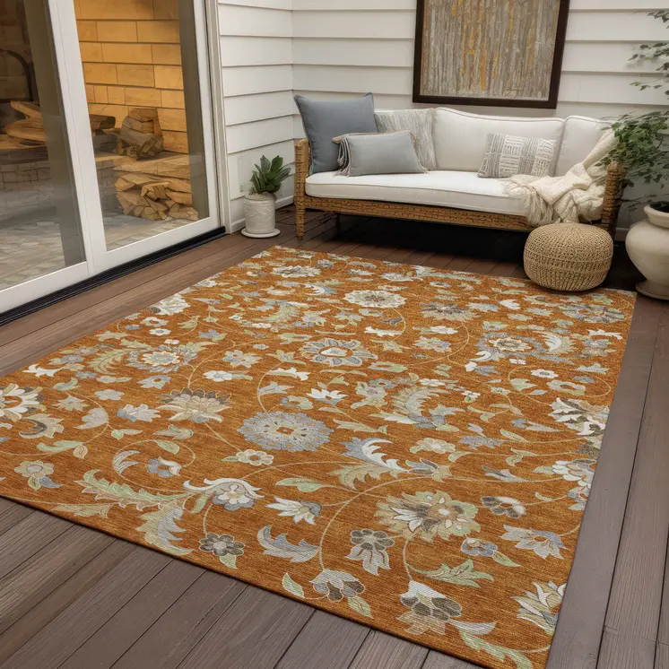 3' X 5' Copper Green And Gray Floral Washable Indoor Outdoor Area Rug