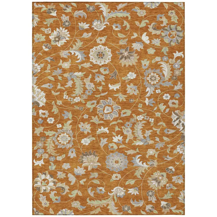 3' X 5' Copper Green And Gray Floral Washable Indoor Outdoor Area Rug