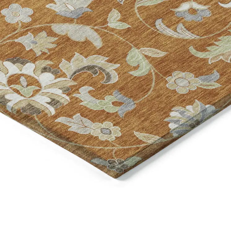 3' X 5' Copper Green And Gray Floral Washable Indoor Outdoor Area Rug