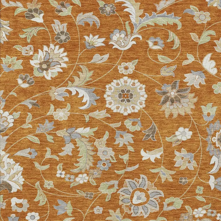 3' X 5' Copper Green And Gray Floral Washable Indoor Outdoor Area Rug