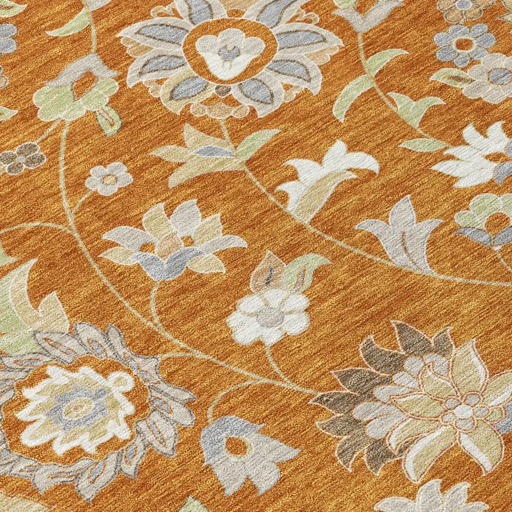 3' X 5' Copper Green And Gray Floral Washable Indoor Outdoor Area Rug