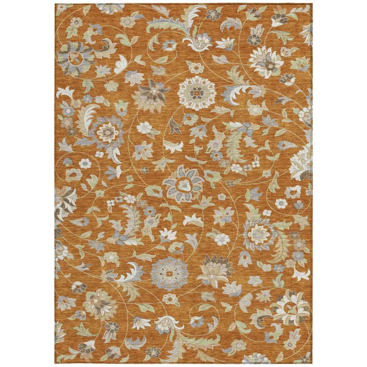 5' X 8' Copper Green And Gray Floral Washable Indoor Outdoor Area Rug