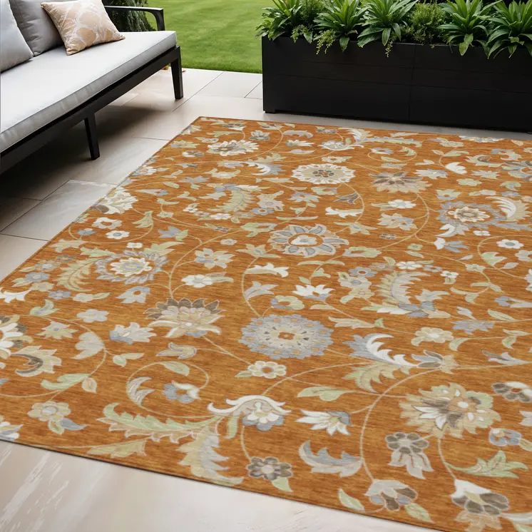 5' X 8' Copper Green And Gray Floral Washable Indoor Outdoor Area Rug