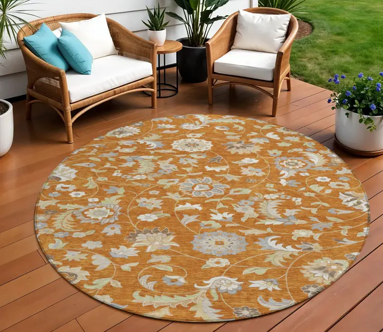 8' Copper Green And Gray Round Floral Washable Indoor Outdoor Area Rug