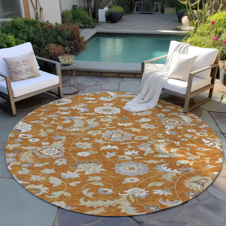 8' Copper Green And Gray Round Floral Washable Indoor Outdoor Area Rug