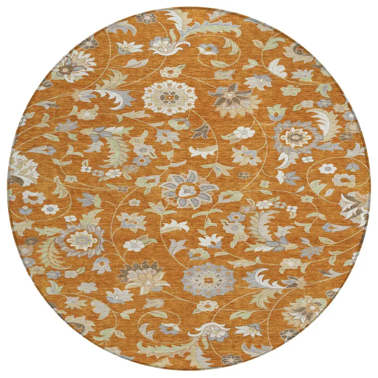 8' Copper Green And Gray Round Floral Washable Indoor Outdoor Area Rug
