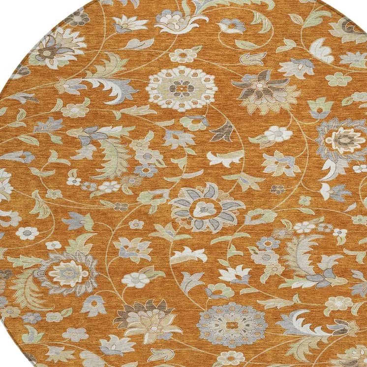 8' Copper Green And Gray Round Floral Washable Indoor Outdoor Area Rug