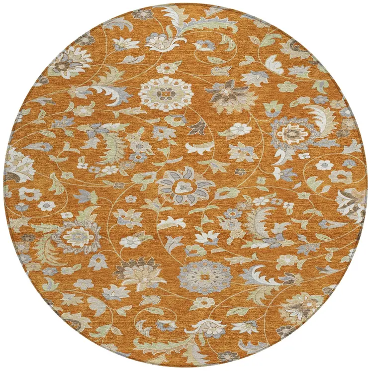8' Copper Green And Gray Round Floral Washable Indoor Outdoor Area Rug