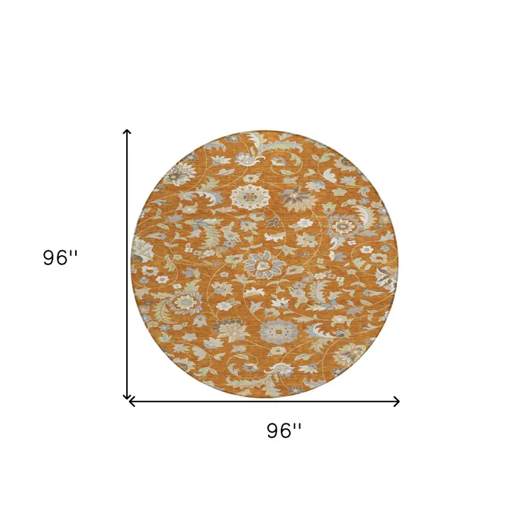 8' Copper Green And Gray Round Floral Washable Indoor Outdoor Area Rug