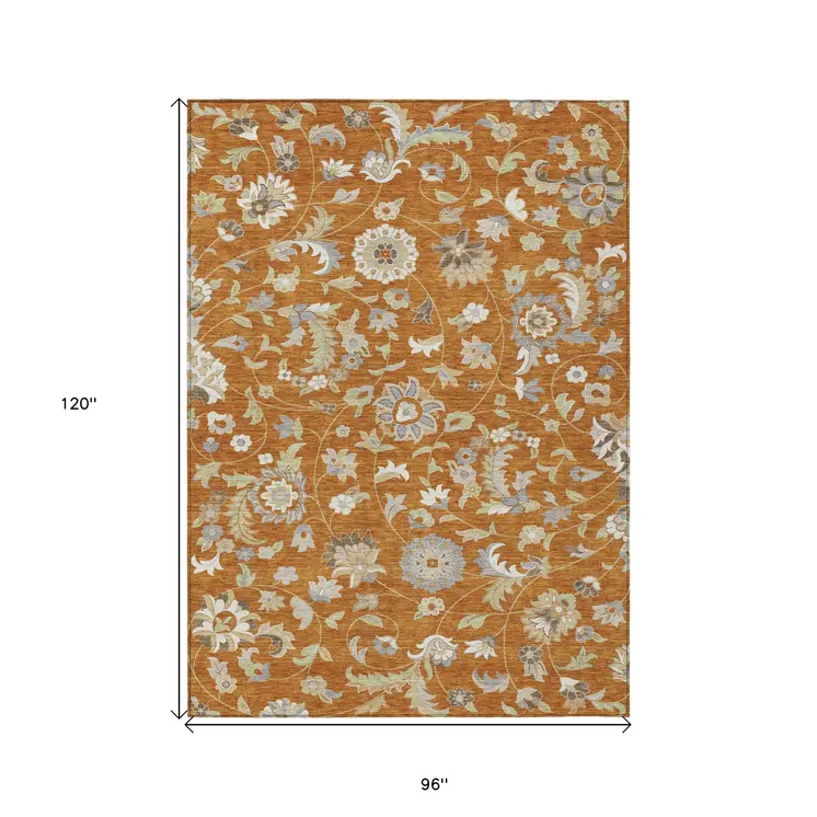 8' X 10' Copper Green And Gray Floral Washable Indoor Outdoor Area Rug