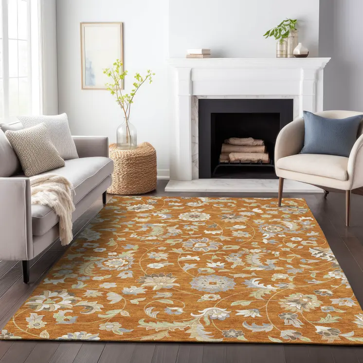 9' X 12' Copper Green And Gray Floral Washable Indoor Outdoor Area Rug